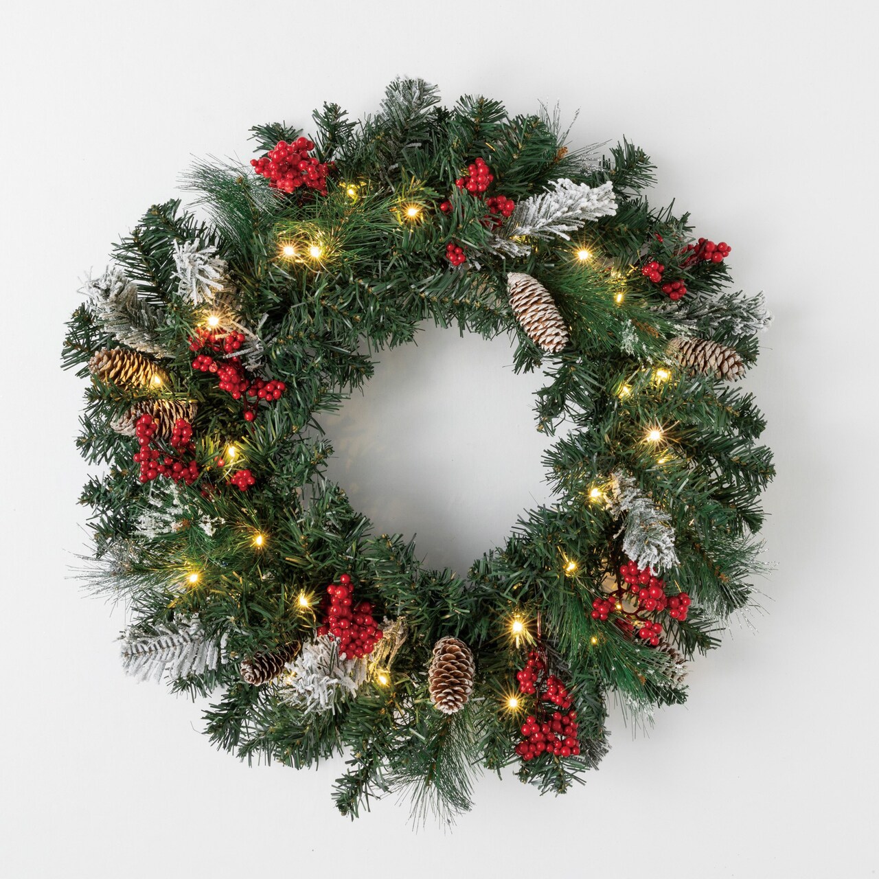Sullivan's Christmas LED Pine Cone Berry Wreath, Green Faux Floral Decor for Crafting, Weddings, Home and Holiday Decoration, 6 Inch